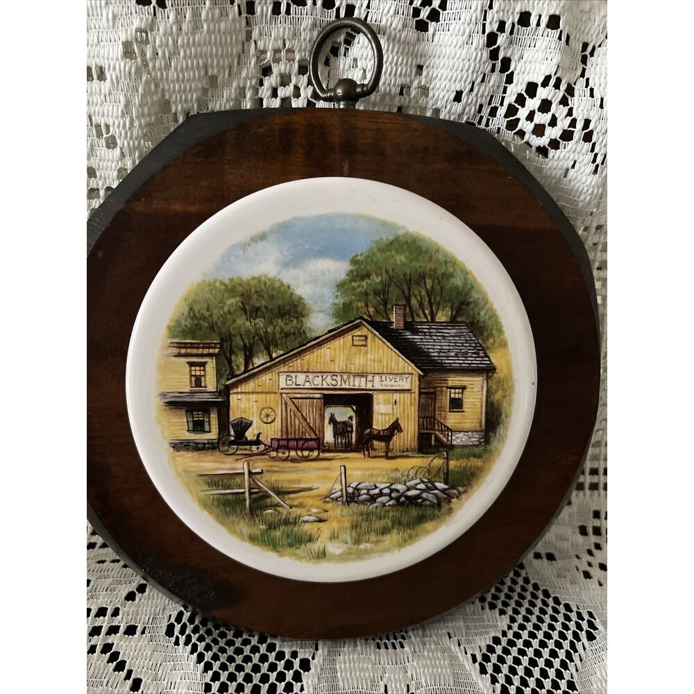 Wood & Ceramic Trivet Blacksmith Livery VINTAGE, Made Vermont